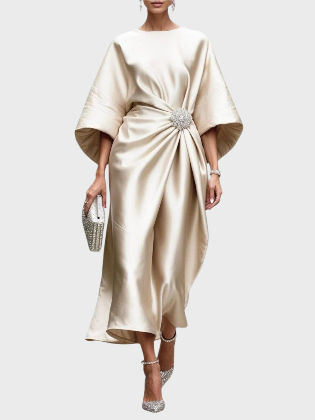 Satin Dress with Side Pleat and Decorative Buckle
