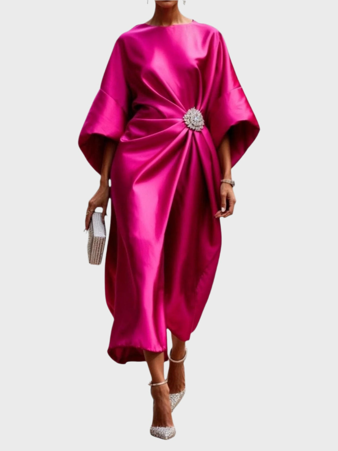 Satin Dress with Side Pleat and Decorative Buckle