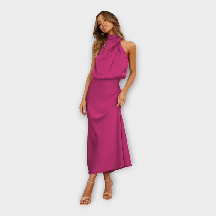 Long Satin Dress with High Neck and Open Back