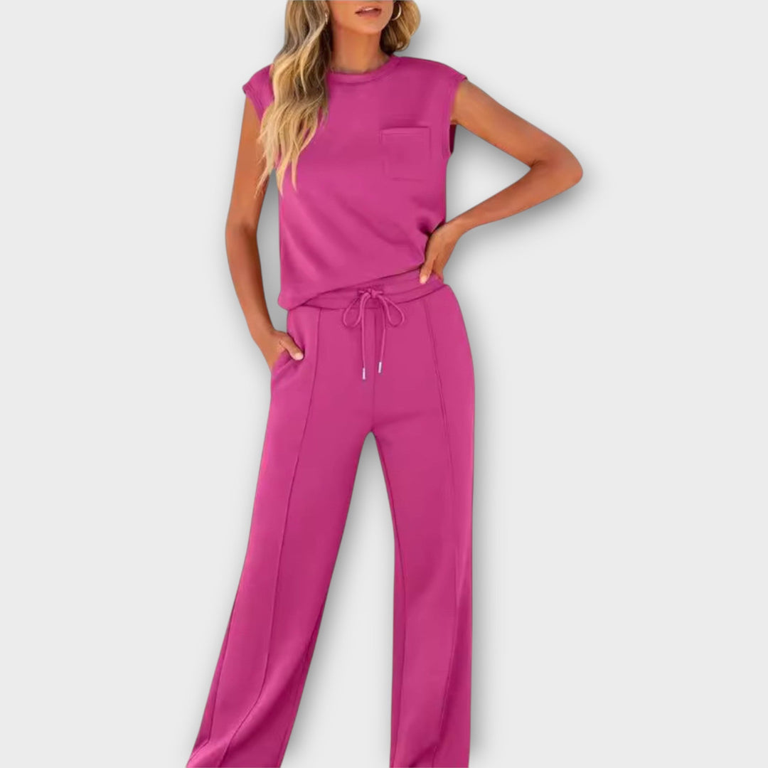 Sleeveless Blouse and Pants Set with Drawstring