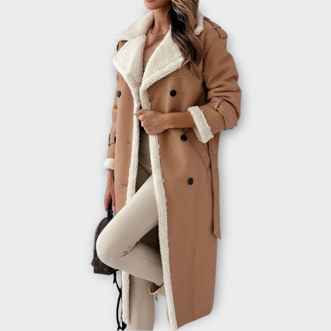 Cozy Sherpa-Lined Double-Breasted Trench Coat