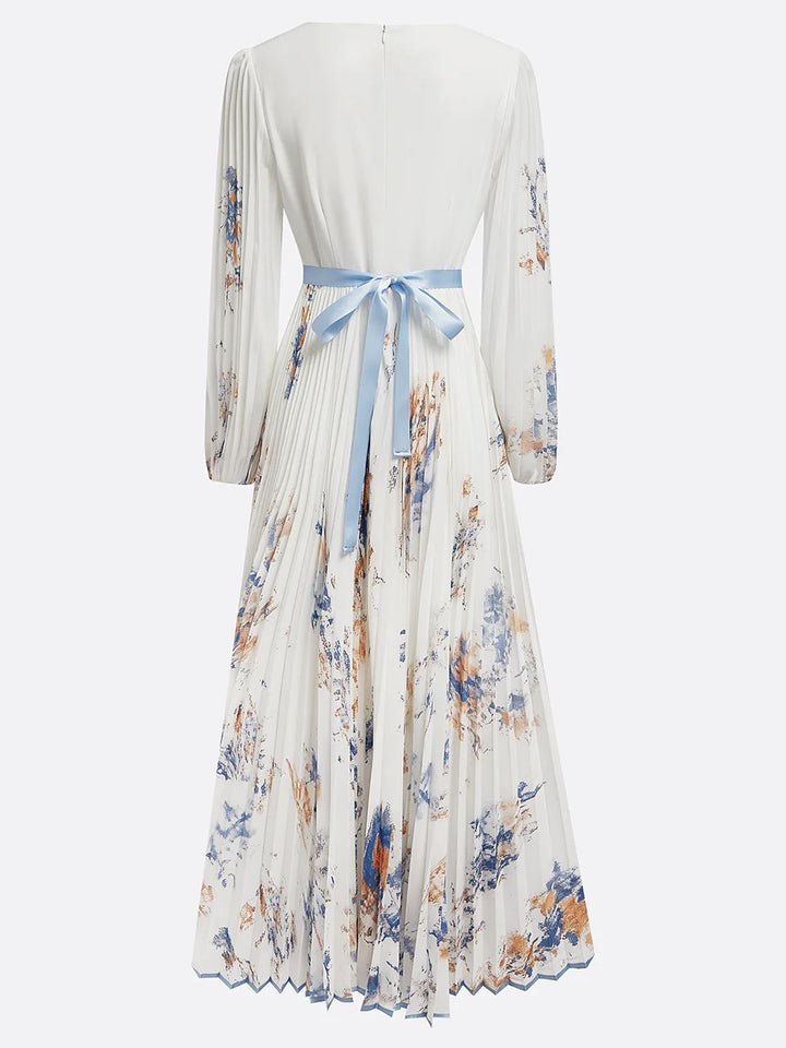Long Dress with Puff Sleeves and V-Neck