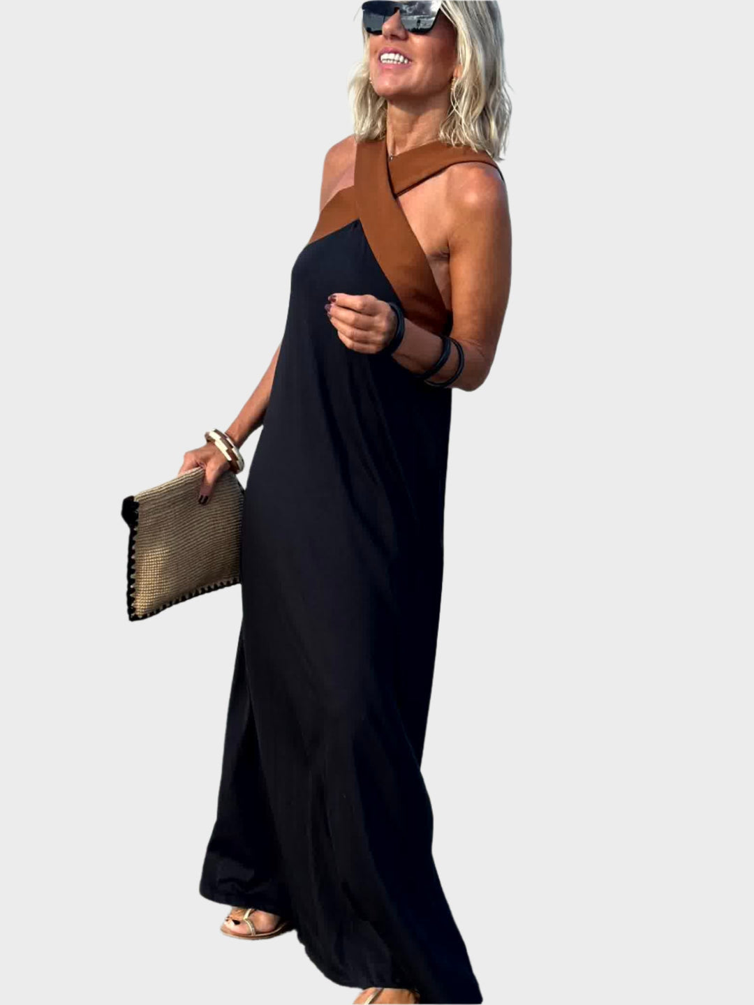 Elegant Dress with Open Back and Modern Cross Neckline