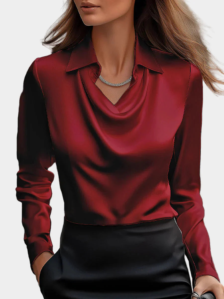 Elegant White Satin Blouse with Draped Neckline