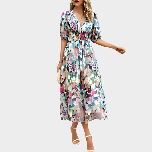 Elegant Midi Dress with Puff Sleeves