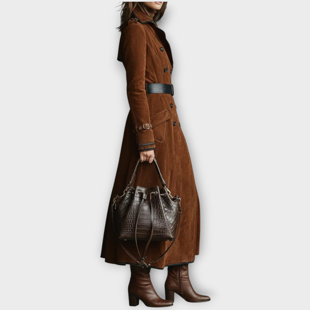 Vintage Suede Double-Breasted Long Coat