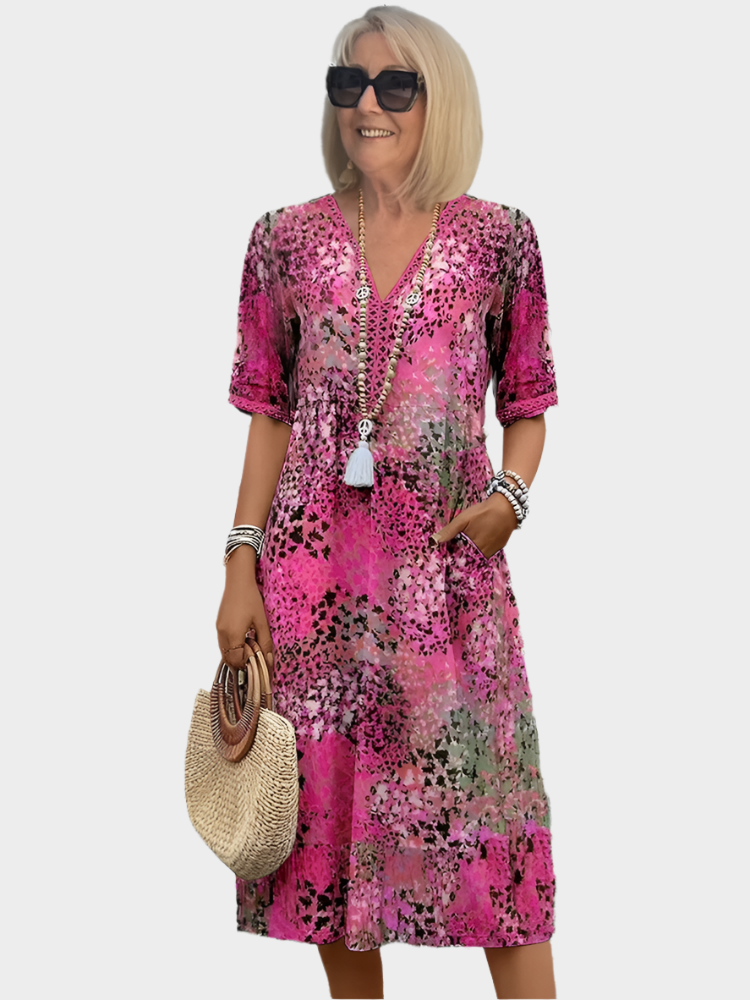 Airy Summer Dress with Summer Pattern and V Neckline